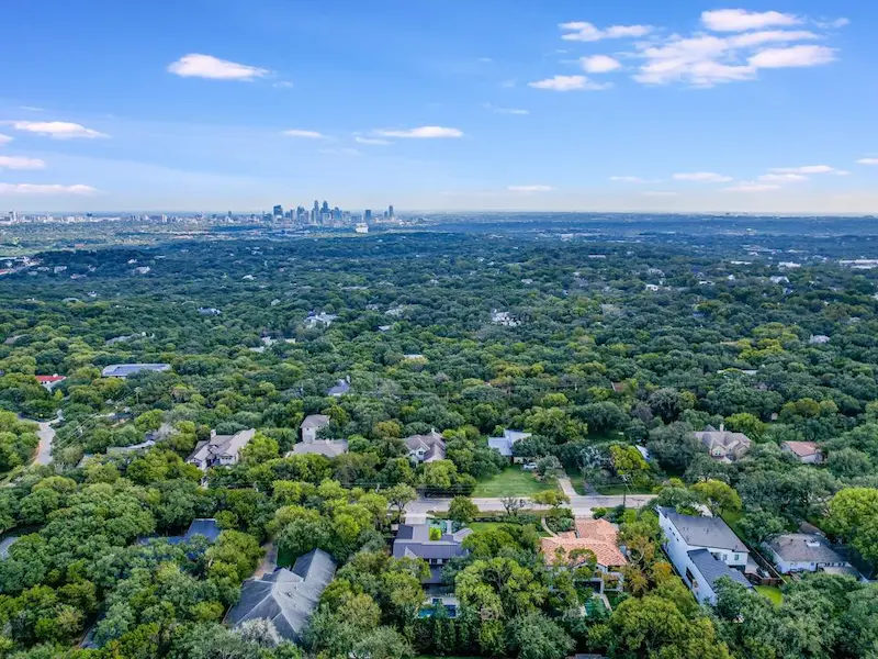 Aerial view of Austin, Texas, one of the service areas covered by Slims Detailing Studio.