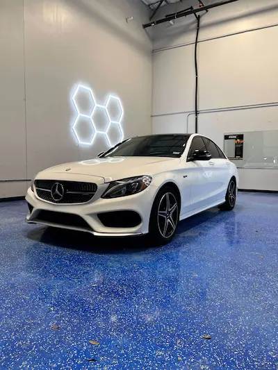 White Mercedes-Benz after professional auto detailing at Slims Detailing Studio in Round Rock, TX.